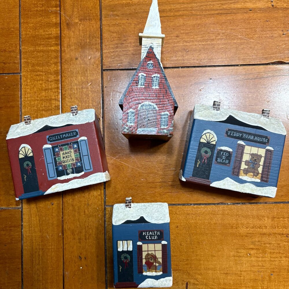 VINTAGE - CHRISTMAS MINIATURE Wooden Holiday Houses, Set of 4
